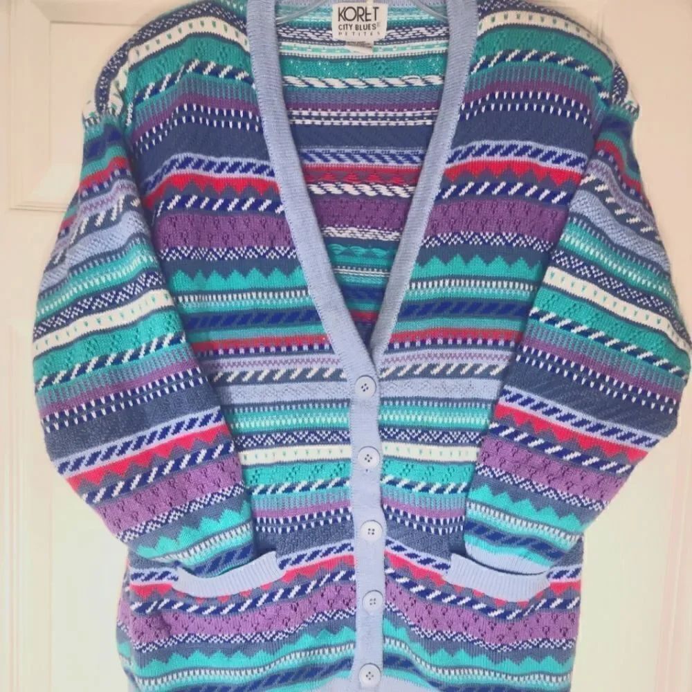 Koret City Blues Vtg SP 100% Cotton Lslvs V-neckKnitted Pockets Women’sCardigan.